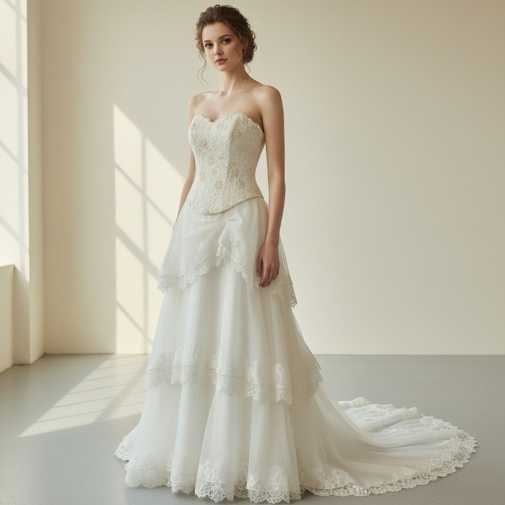 Demetrios Strapless Lace Beaded Tiered Wedding Dress Ivory Organza Train Size 8